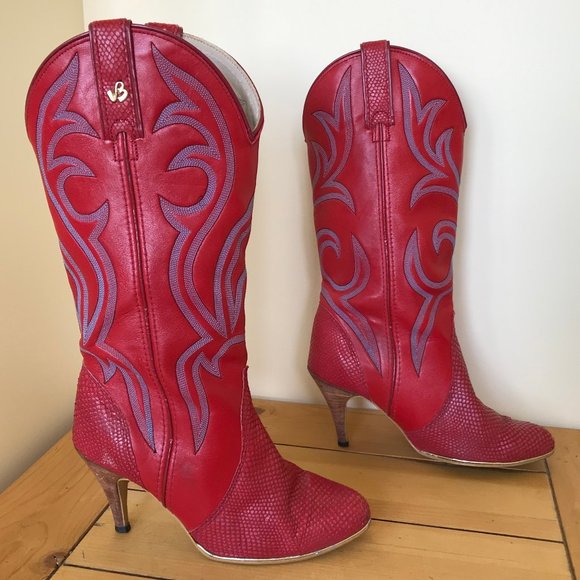 Jeenz Bootz Shoes - Red Leather Cowboy Western Boots High Heel Vintage Jeenz Bootz Made in USA